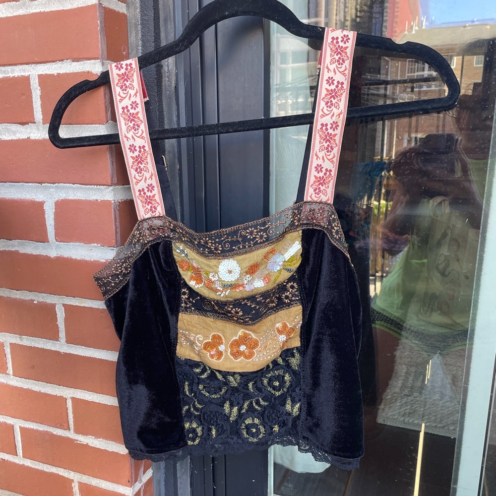 Free People Black Velvet Embroidered Crop Tank